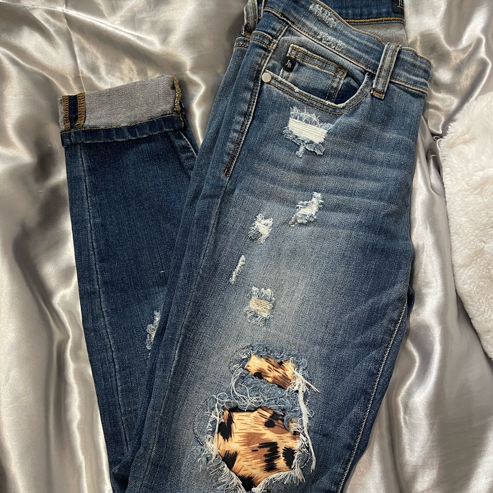 Distressed Blue Jeans with Leopard Patch